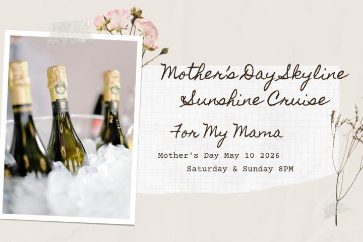 Champagne bottles in ice beside Mother's Day cruise invitation with floral decoration.