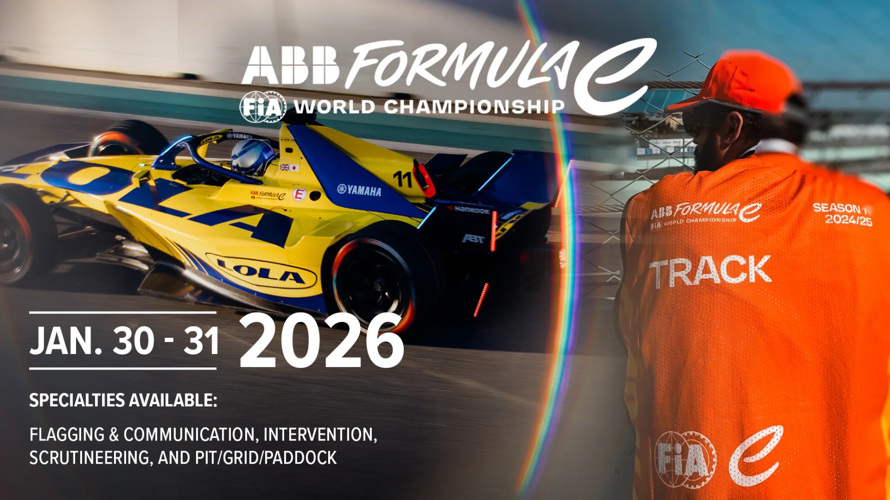 Formula E race car and track marshal with event details for Jan 30-31, 2026.