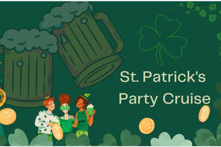 St. Patrick's theme with mugs, shamrocks, coins, and people in green outfits holding drinks.