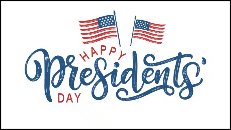 Happy Presidents Day text with two American flags above it.