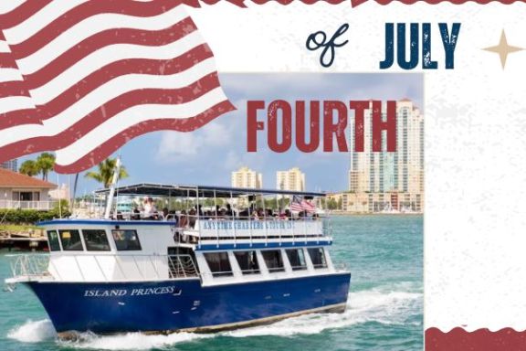 A boat on water with an American flag and 'Fourth of July' text in a patriotic themed border.