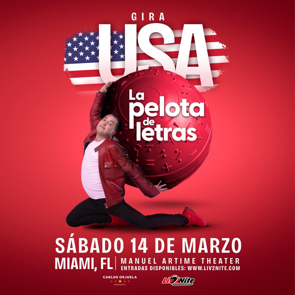 Man jumps in front of 'USA La Pelota de Letras' sign with March 14 Miami show details.
