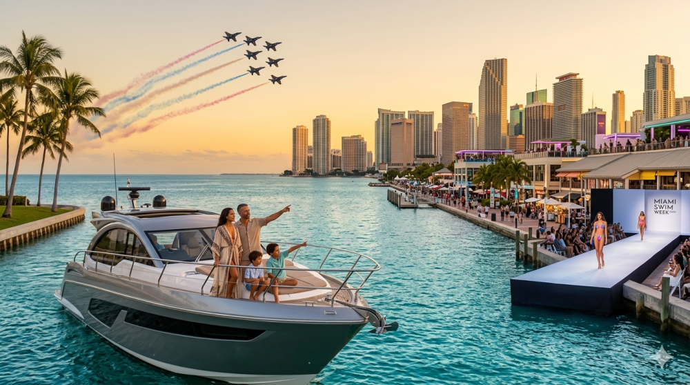 Family on yacht watches jet formation over waterfront cityscape at sunset.