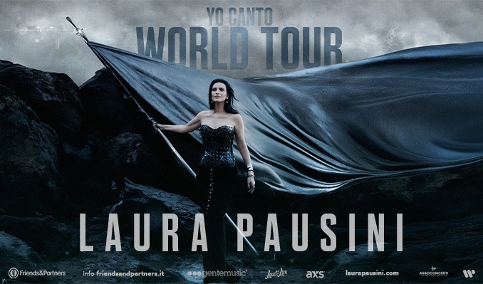 Woman with long black dress holding a flag against a cloudy sky, text: Yo Canto World Tour, Laura Pausini.