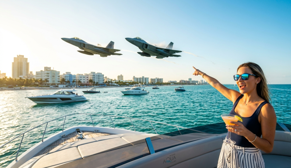 Caza militar F-22 Raptor sobrevolando el mar turquesa en el Hyundai Air and Sea Show de Miami Beach