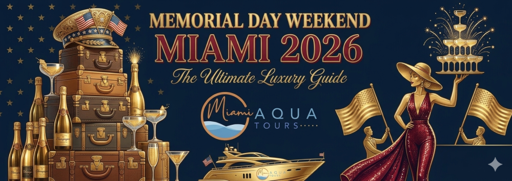 Equipaje, yate, mujer con banderas; texto: 'Memorial Day Weekend, Miami 2026, Guía de Lujo, Miami Aqua Tours.'