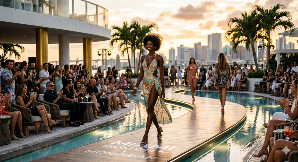 Model walks runway by pool at sunset, surrounded by seated audience.
