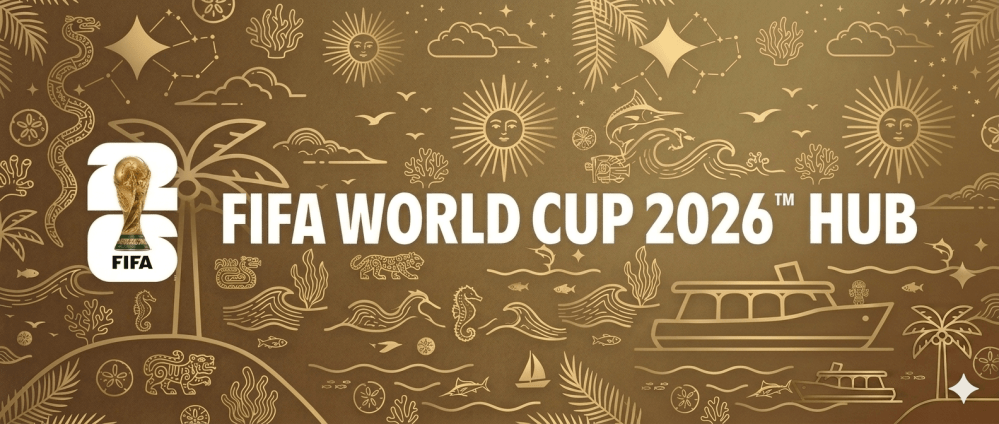 FIFA World Cup 2026 Hub banner with luxury gold design and Miami boat tour motifs