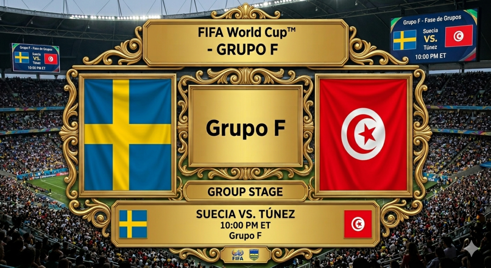 Sweden vs Tunisia FIFA World Cup Group F match announcement in a stadium.