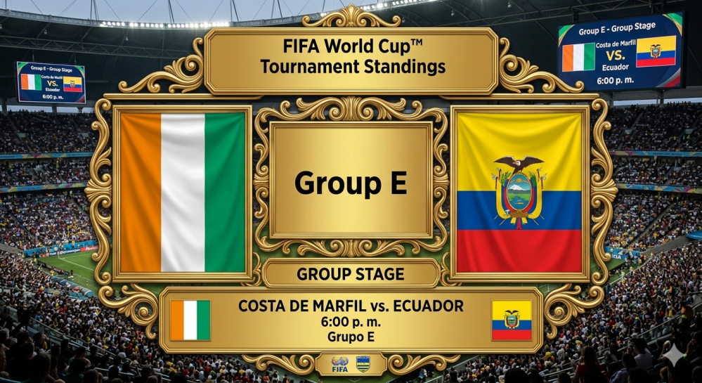 Soccer match announcement: Ivory Coast vs. Ecuador, Group E World Cup, 6:00 p.m.