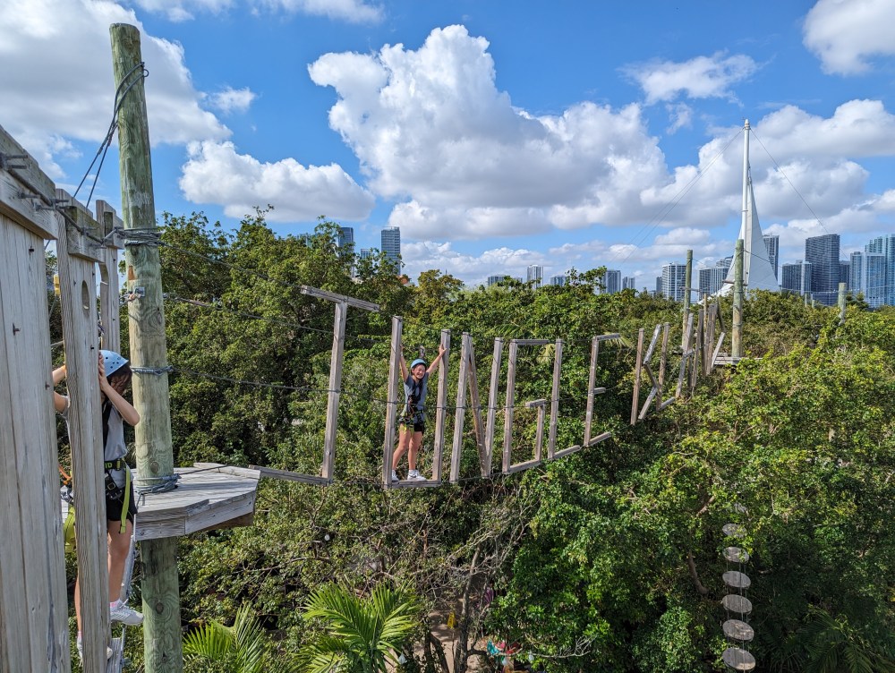 Person crossing a treetop rope bridge with city skyline in background.